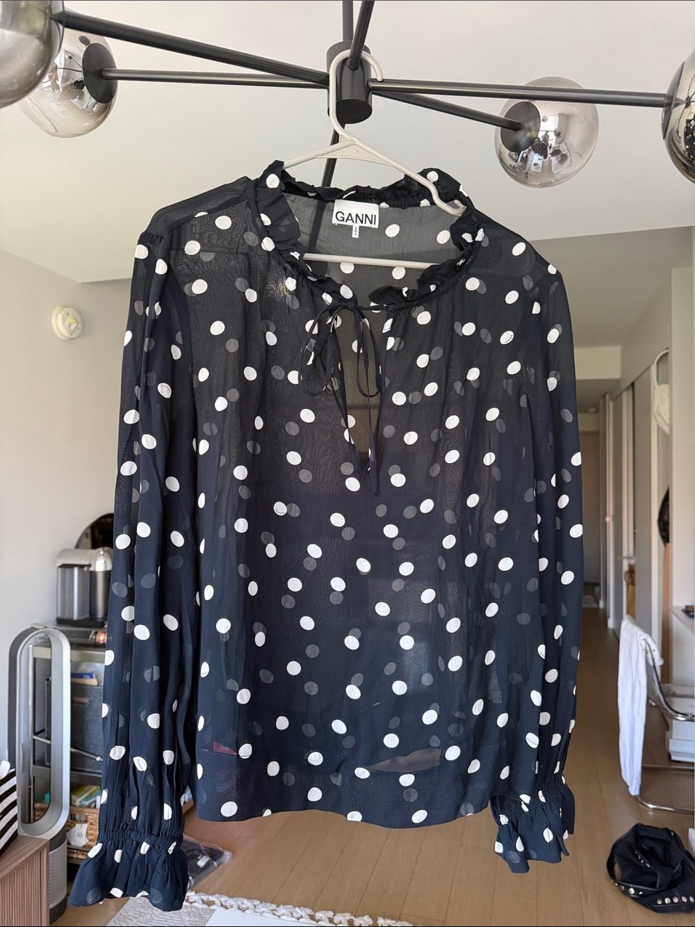 Ganni Navy & White Polka Dot Tie-Neck Blouse